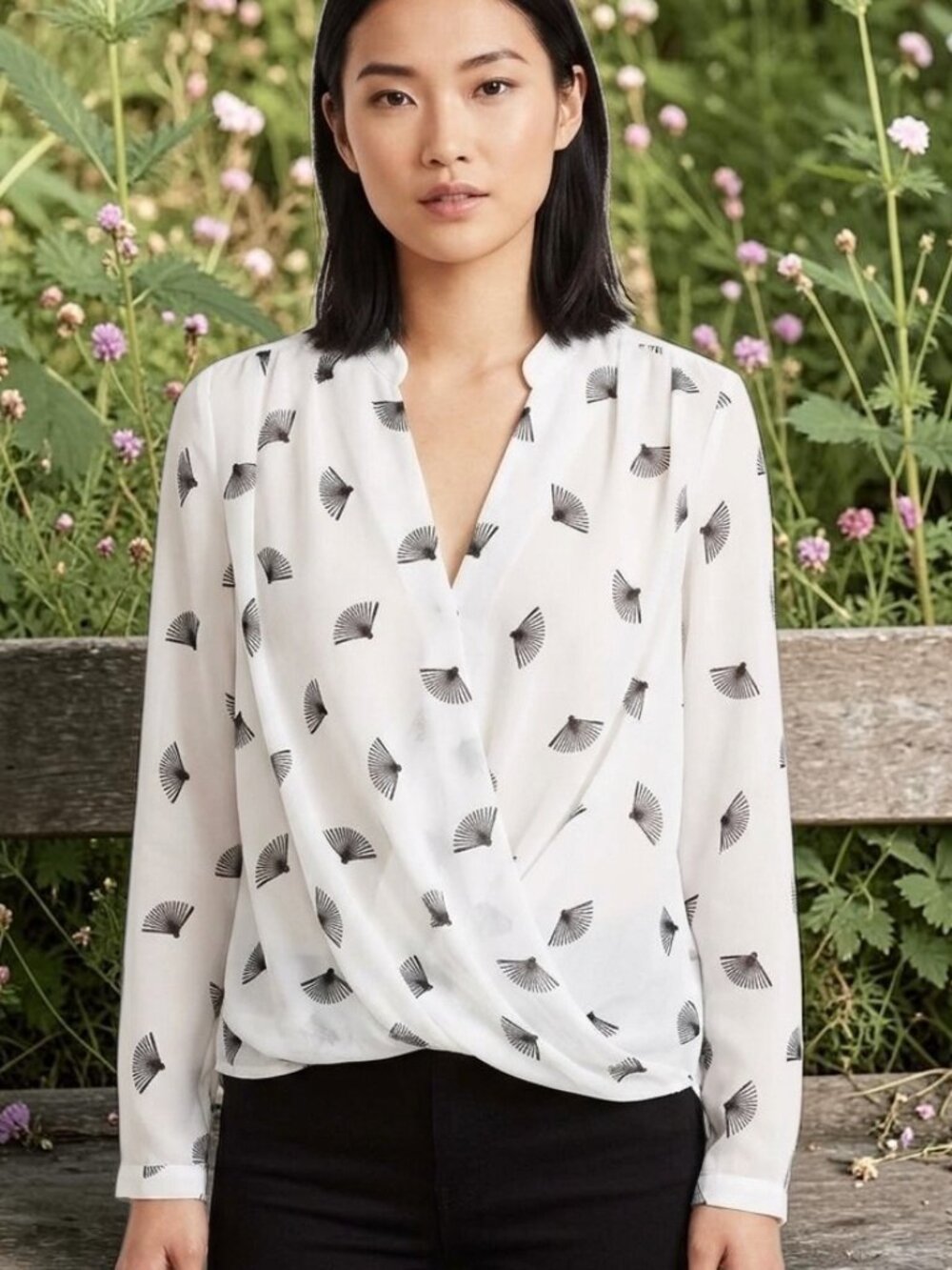 White Sheer Blouse with Black Fans designs H&M size 6